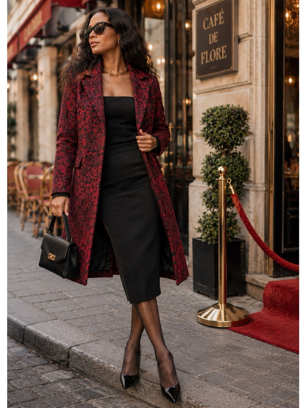 NWT Sofia Cashmere Animal Print Wool & Cashmere Coat in Red Black Size 4